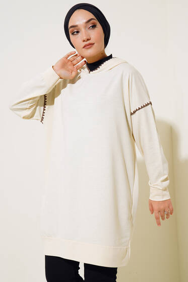 Kapüşonu ve Kolları Nakışlı Tunik Bej - Tunik