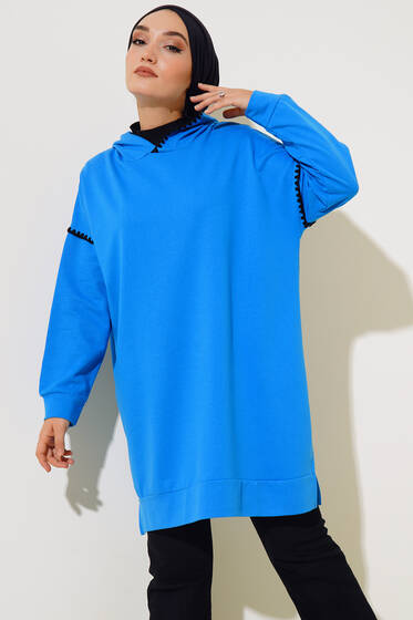 Kapüşonu ve Kolları Nakışlı Tunik Saks - Tunik