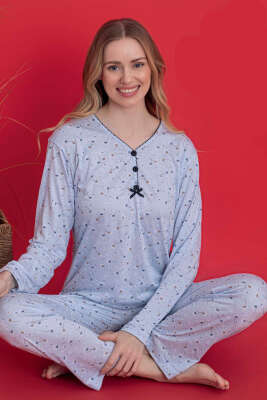 Karahindiba Desen Viskon Pijama Takımı Mavi - Kadın Pijama Takımı