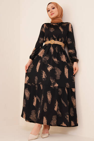 Karalama Desenli Elbise Siyah - Tesettür Elbise