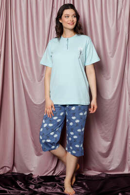 Karanfil Çiçeği Desenli Bermuda Pijama Takım Bebe Mavi - Thumbnail