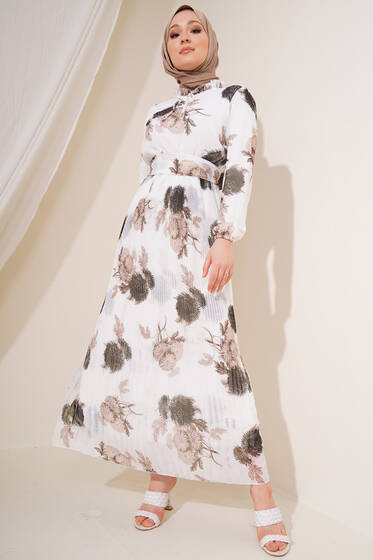 Karanfil Desenli Şifon Elbise Haki - Tesettür Elbise