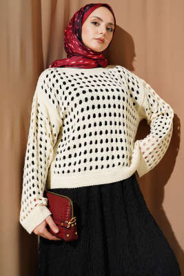 Kare Ajurlu Triko Kazak Bej - VANİZA TRİKO