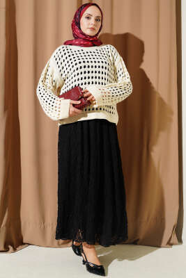 Kare Ajurlu Triko Kazak Bej - Triko Kazak