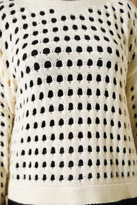 Kare Ajurlu Triko Kazak Bej - Triko Kazak