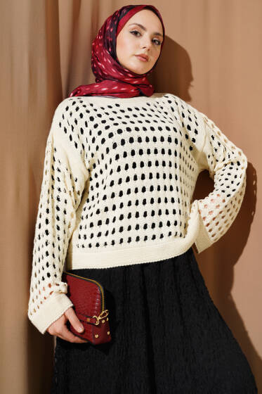 Kare Ajurlu Triko Kazak Bej - Yılın Fırsatı