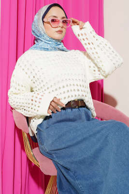 Kare Ajurlu Triko Kazak Ekru - VANİZA TRİKO