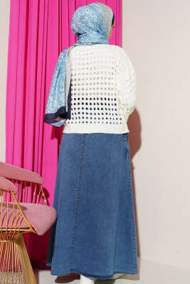 Kare Ajurlu Triko Kazak Ekru - Triko Kazak