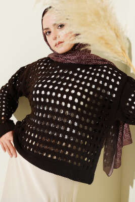 Kare Ajurlu Triko Kazak Kahve 