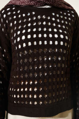 Kare Ajurlu Triko Kazak Kahve - Yılın Fırsatı