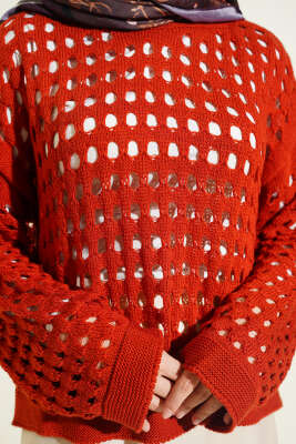 Kare Ajurlu Triko Kazak Kiremit - Triko Kazak