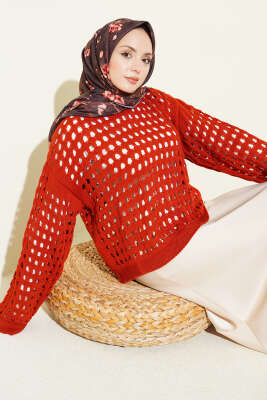 Kare Ajurlu Triko Kazak Kiremit 