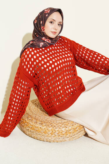 Kare Ajurlu Triko Kazak Kiremit - Yılın Fırsatı