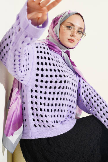 Kare Ajurlu Triko Kazak Lila - Triko Kazak