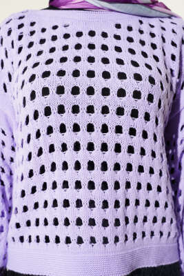 Kare Ajurlu Triko Kazak Lila - Triko Kazak