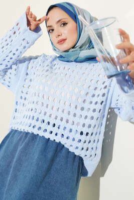 Kare Ajurlu Triko Kazak Mavi - VANİZA TRİKO