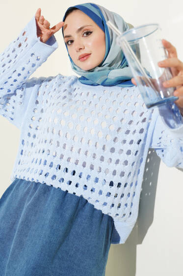 Kare Ajurlu Triko Kazak Mavi - Triko Kazak