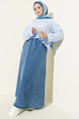 Kare Ajurlu Triko Kazak Mavi - Triko Kazak