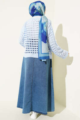 Kare Ajurlu Triko Kazak Mavi - Triko Kazak