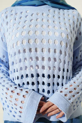 Kare Ajurlu Triko Kazak Mavi - Triko Kazak