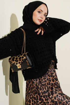 Kare Ajurlu Triko Kazak Siyah 