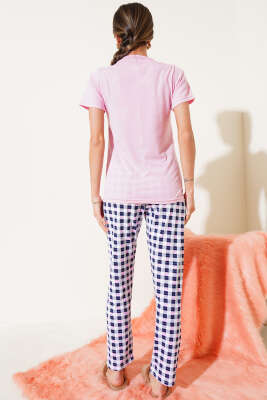 Kare Baskılı Kısa Kol Pijama Takımı Pembe - Kadın Pijama Takımı