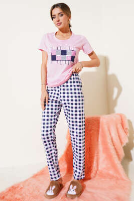 Kare Baskılı Kısa Kol Pijama Takımı Pembe - Kadın Pijama Takımı