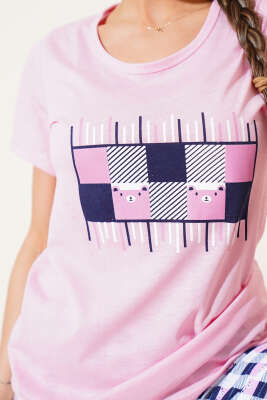 Kare Baskılı Kısa Kol Pijama Takımı Pembe - Kadın Pijama Takımı