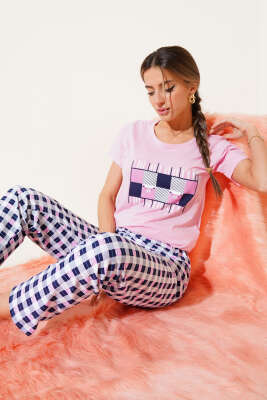 Kare Baskılı Kısa Kol Pijama Takımı Pembe