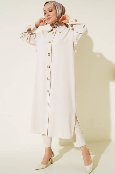 Kare Çıt Çıt Düğmeli Tunik Bej - Tunik