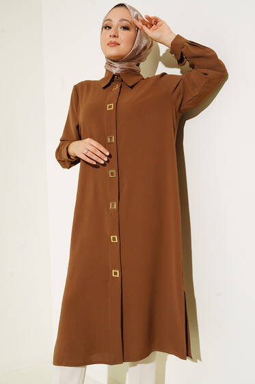 Kare Çıt Çıt Düğmeli Tunik Kahve - Tunik