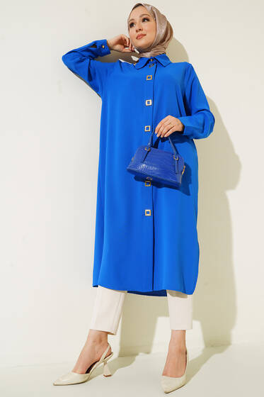 Kare Çıt Çıt Düğmeli Tunik Saks - Tunik