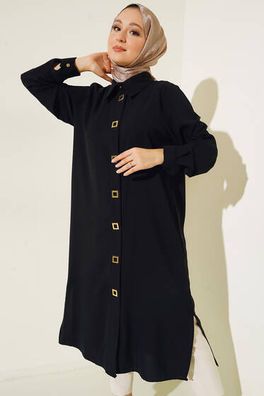 Kare Çıt Çıt Düğmeli Tunik Siyah - Tunik