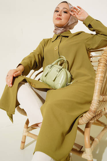 Kare Çıt Çıt Düğmeli Tunik Yağ Yeşili - Tunik