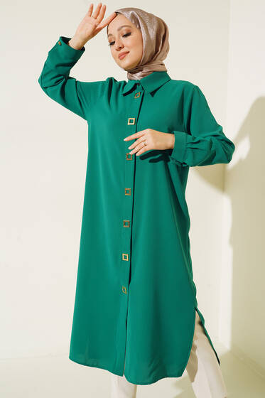 Kare Çıt Çıt Düğmeli Tunik Zümrüt - Tunik