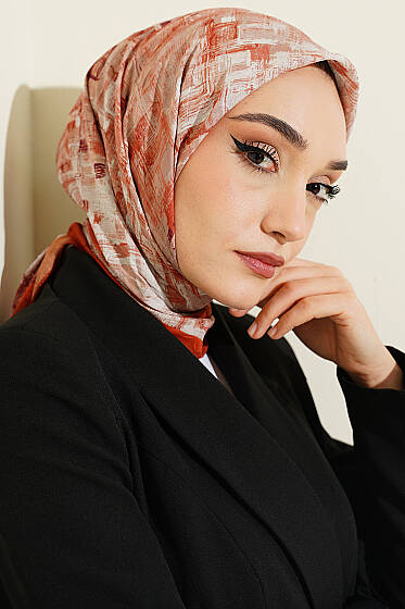 Kare Çizgili Bambu Kraş Eşarp Kiremit - Başörtüsü