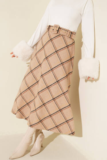 Kare Çizgili Kemerli Kaşe Etek Bej - Etek