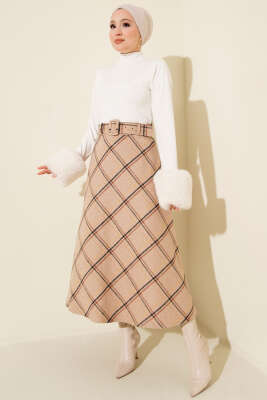 Kare Çizgili Kemerli Kaşe Etek Bej - Etek