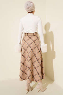 Kare Çizgili Kemerli Kaşe Etek Bej - Etek