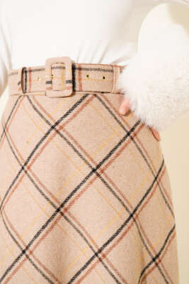 Kare Çizgili Kemerli Kaşe Etek Bej - Etek