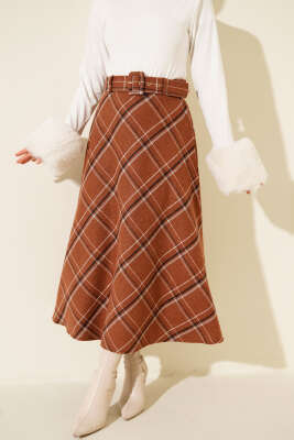 Kare Çizgili Kemerli Kaşe Etek Kahve - ESTELLE