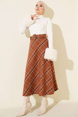 Kare Çizgili Kemerli Kaşe Etek Kahve - Etek