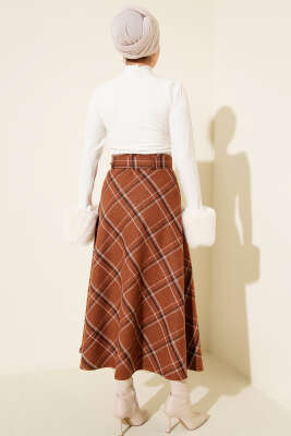 Kare Çizgili Kemerli Kaşe Etek Kahve - Etek