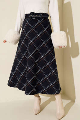 Kare Çizgili Kemerli Kaşe Etek Lacivert - ESTELLE