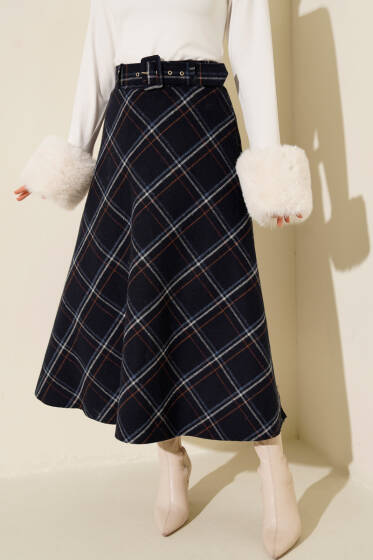 Kare Çizgili Kemerli Kaşe Etek Lacivert - Etek