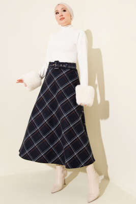 Kare Çizgili Kemerli Kaşe Etek Lacivert - Etek
