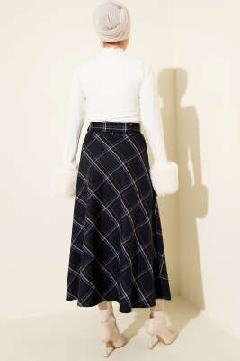 Kare Çizgili Kemerli Kaşe Etek Lacivert - Etek