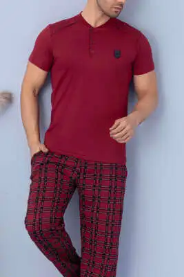 Kare Çizgili Kısa Kol Erkek Pijama Takım Bordo - Pijama