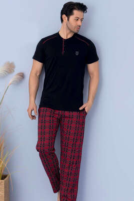 Kare Çizgili Kısa Kol Erkek Pijama Takım Siyah 