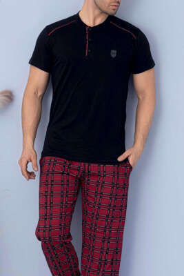 Kare Çizgili Kısa Kol Erkek Pijama Takım Siyah - Kadın Pijama Takımı